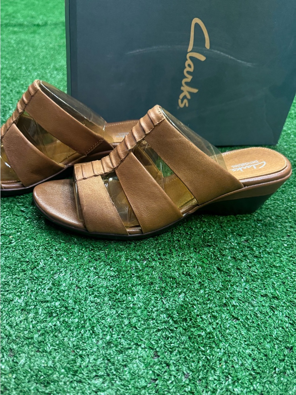 Clarks Brown Leather Slide Mules with Low Wedge